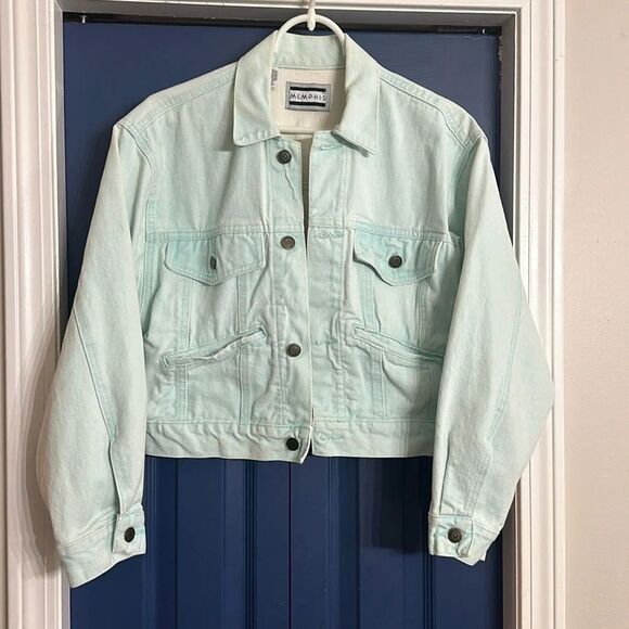 Vintage 90’s Cropped‎ Mint Green Denim Jacket Size M - Picture 1 of 6